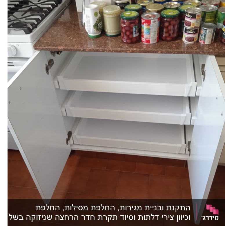 ארון מטבח פתוח עם מדפים ריקים ודלתות פתוחות